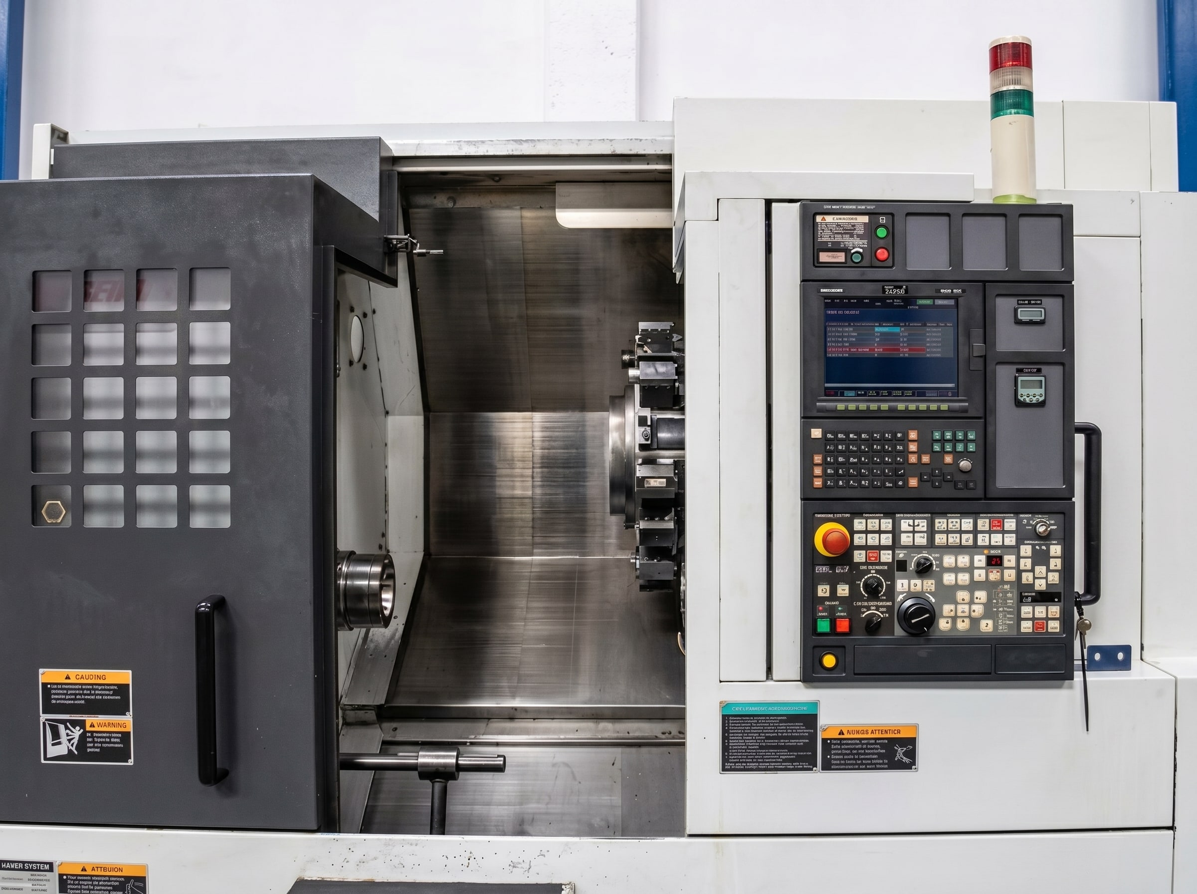 Inside the PBFMACHINE turning cell — chuck, work envelope, and operator console.